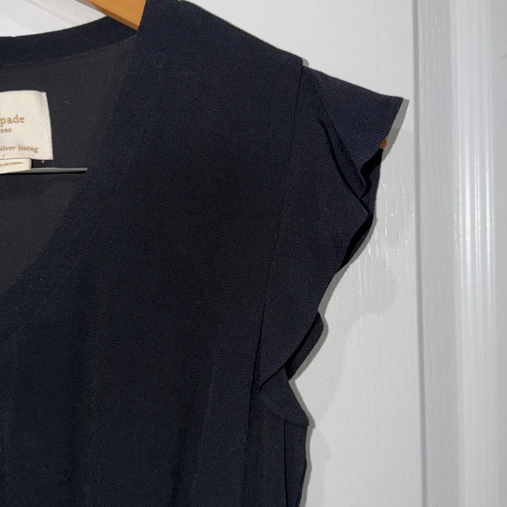 Kate Spade New York black V-neck flutter sleeve smocked waist crepe midi dress 0 - Picture 2 of 5